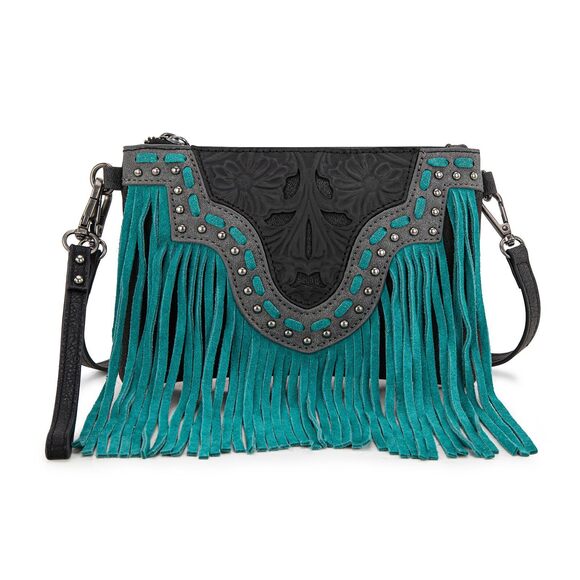 Handbags - 2799 Floral Crossbody Bags Western Tooled Fringe with Antique Silver Studs